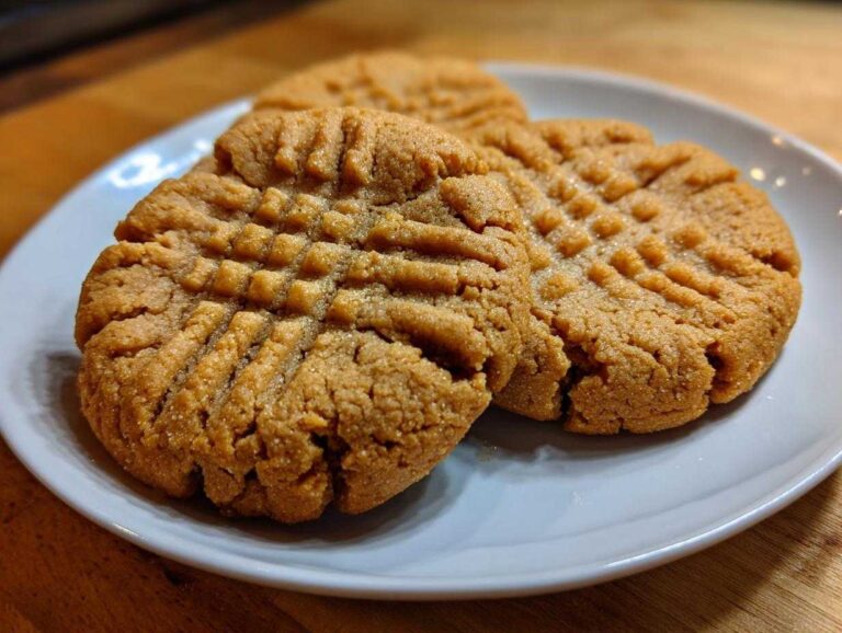 Three golden brown peanut butter cookies with classic cross-hatch fork marks resting on a light blue plate.