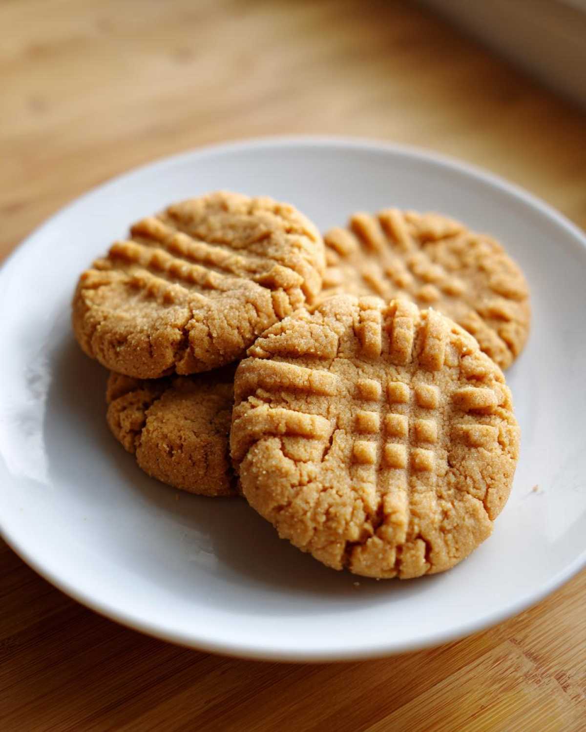 Four classic peanut butter cookies with traditional criss-cross fork marks stacked on a white plate.