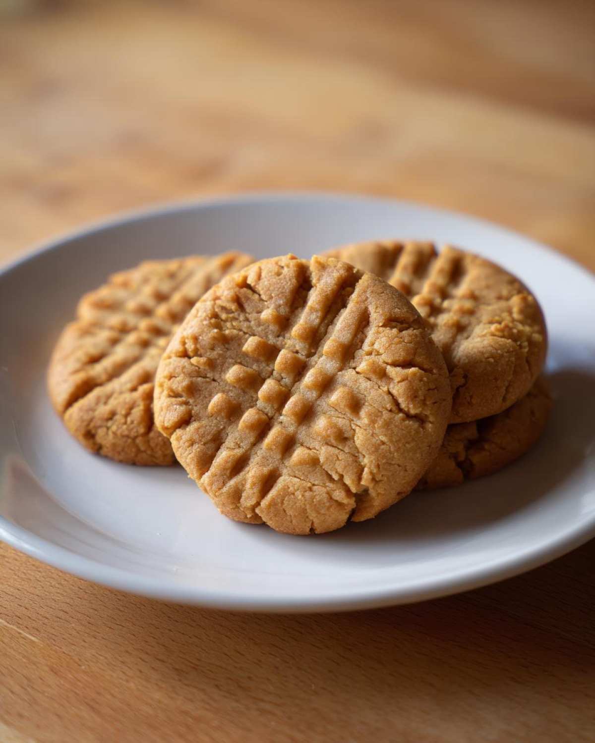 Close-up of several classic peanut butter cookies with the traditional crosshatch fork pattern on a white plate.