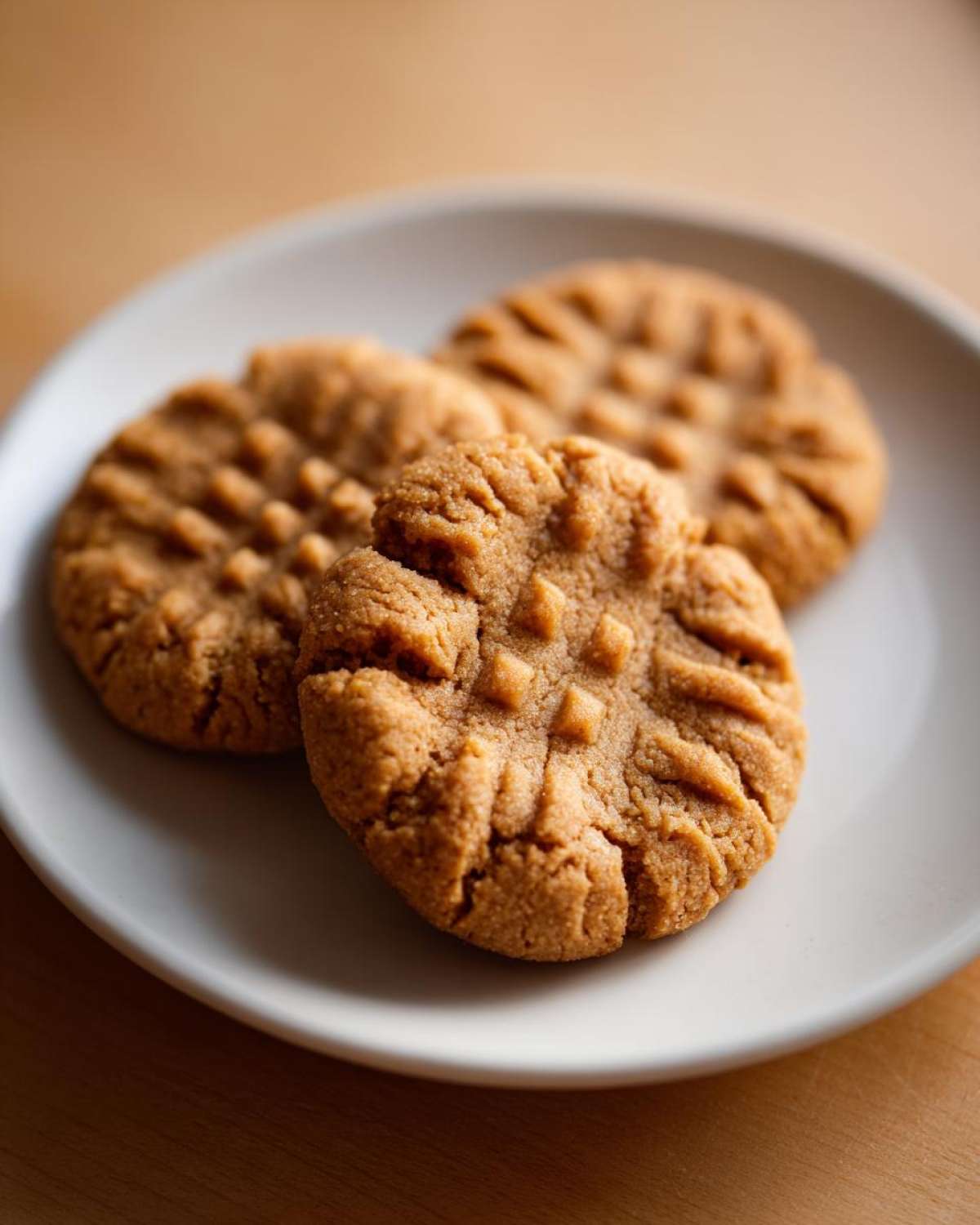 Close-up of three classic peanut butter cookies with crisscross fork marks served on a white plate.