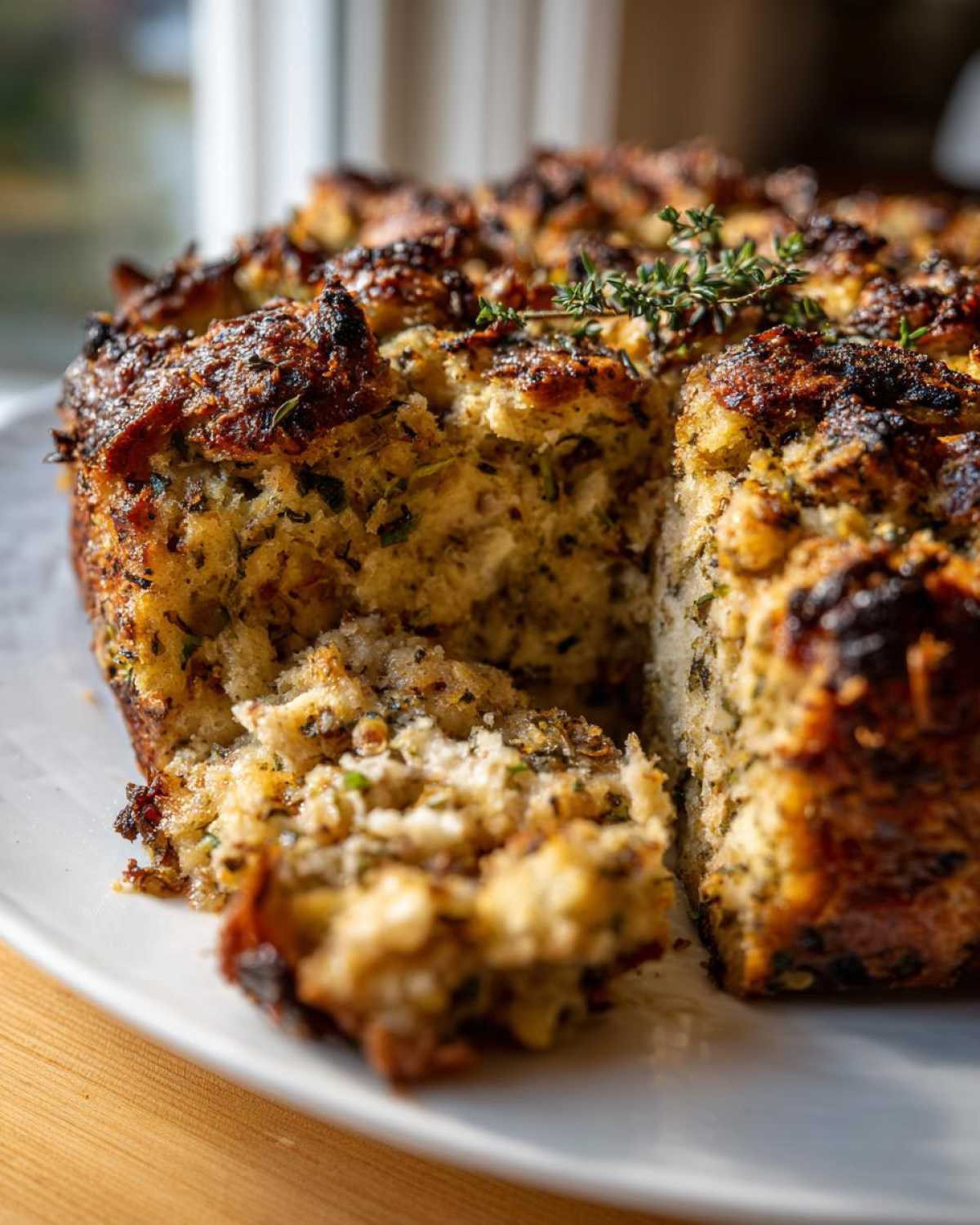 A close-up view of a freshly baked, golden-brown classic stuffing, with one slice pulled away, garnished with fresh thyme.