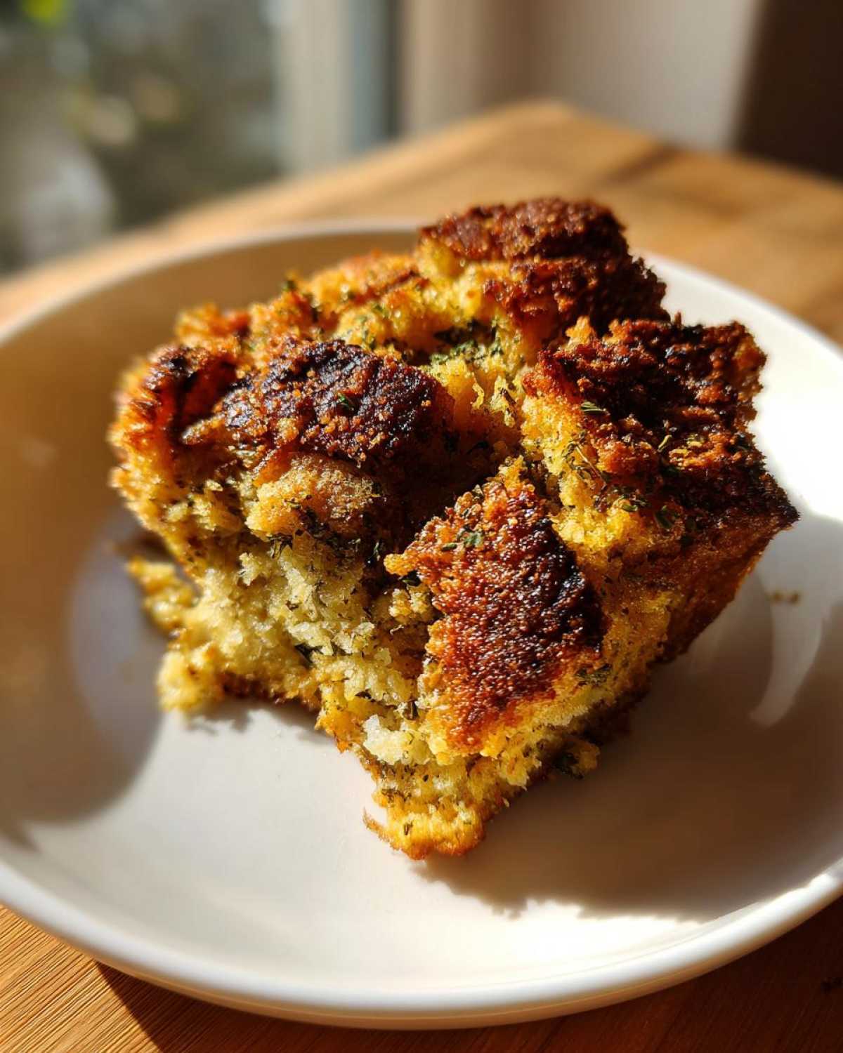 A close-up of a golden brown, herb-flecked piece of classic stuffing served on a white plate.