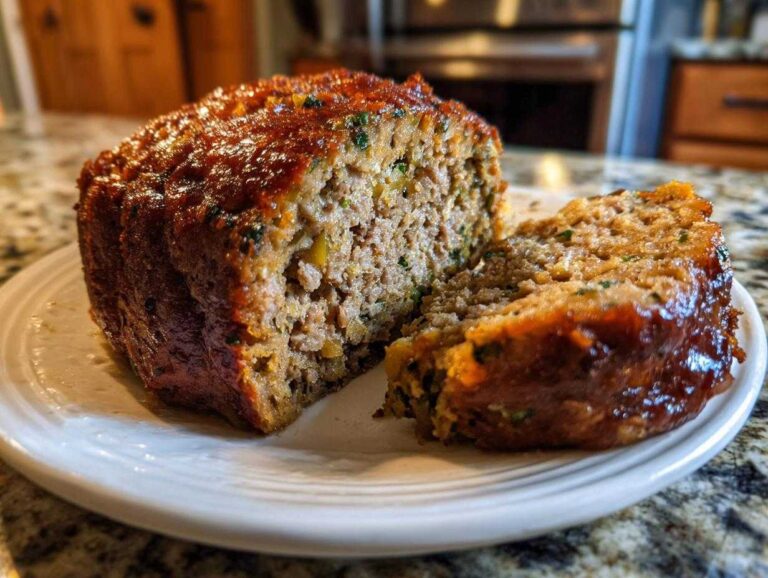 A moist, sliced loaf of classic stuffing with a shiny brown glaze resting on a white plate.