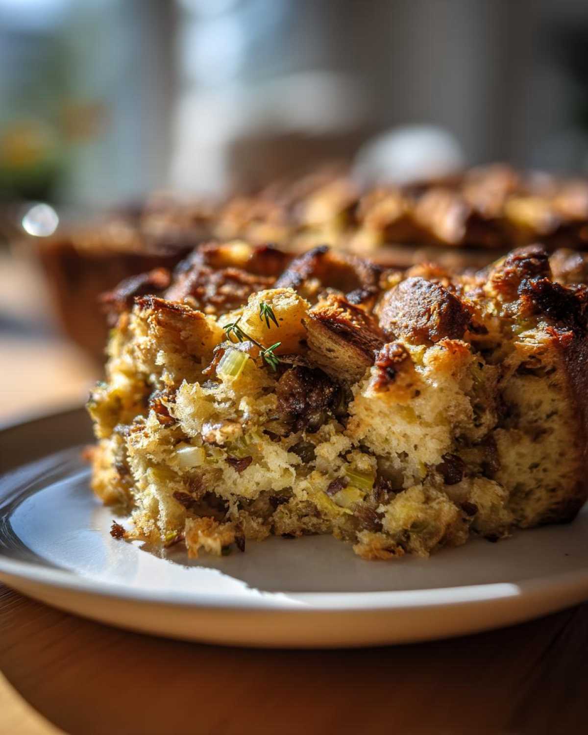 A close-up of a moist, golden brown slice of classic stuffing featuring visible celery and herbs, served on a white plate.