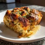 A close-up of a golden brown, baked slice of classic stuffing garnished with fresh parsley, resting in a small pool of broth.