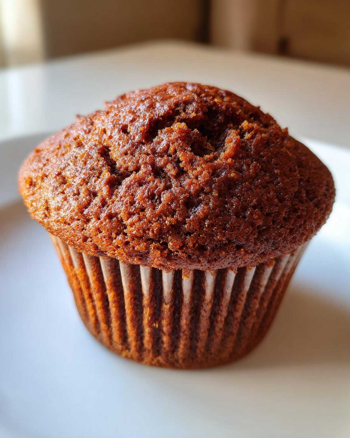 A close-up, detailed shot of a freshly baked, dark golden brown honey bran muffin sitting on a white plate.