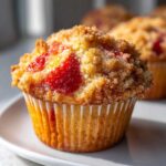 A close-up of a freshly baked strawberry muffin with a golden crumb topping, featuring bright red strawberry pieces.