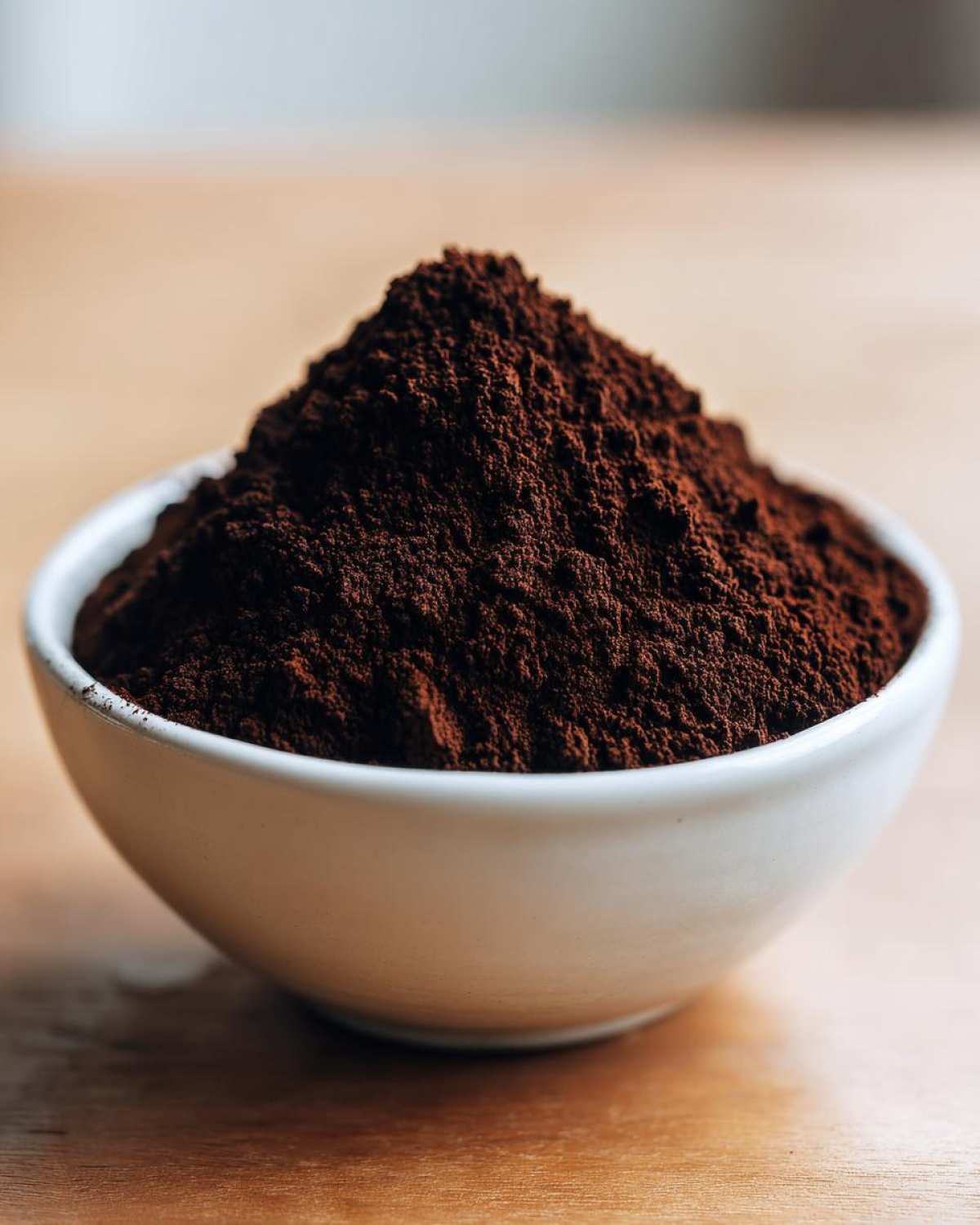 A close-up of dark brown cocoa powder mounded high in a small white bowl, perfect for making hot cocoa mix.