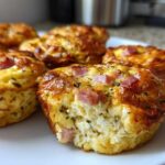 Close-up of baked cottage cheese egg cups starbucks style, showing a fluffy interior with chunks of ham and herbs.