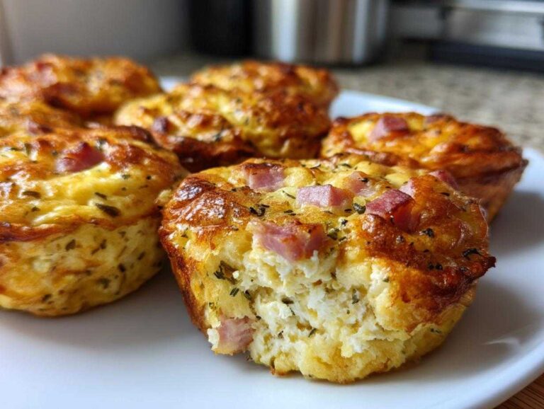 Close-up of baked cottage cheese egg cups starbucks style, showing a fluffy interior with chunks of ham and herbs.