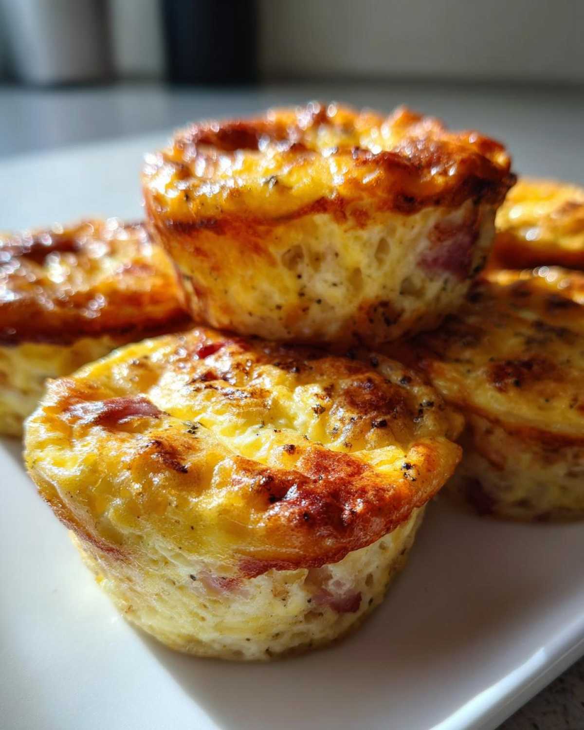 A close-up stack of golden brown cottage cheese egg cups, baked until fluffy and slightly browned on top.