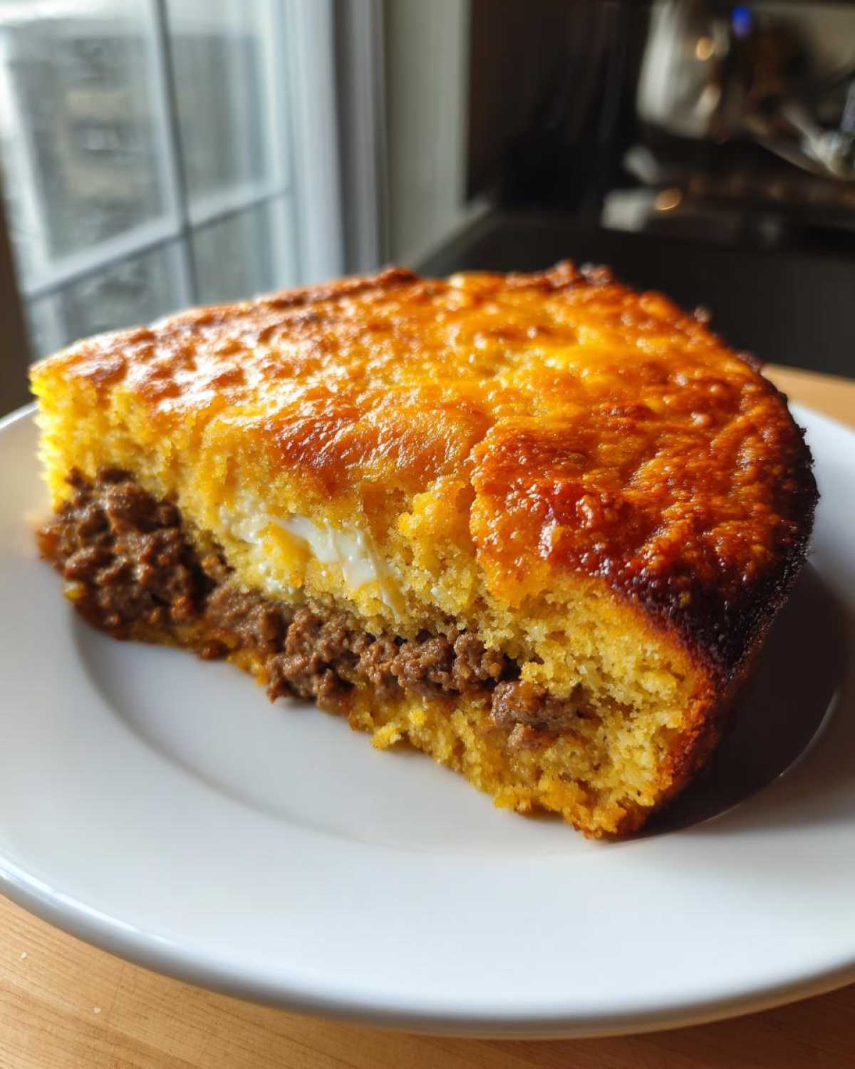 A thick slice of cowboy cornbread casserole showing a cheesy top and savory ground meat filling.