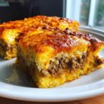 A close-up of a thick slice of cowboy cornbread casserole showing layers of seasoned ground beef and cheesy cornbread.