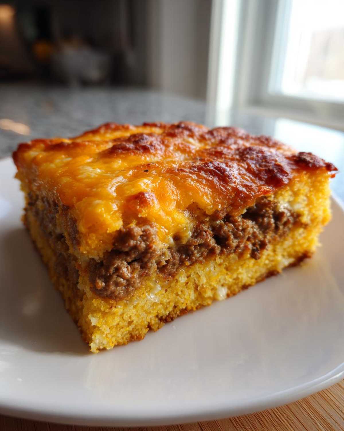 A square slice of cowboy cornbread casserole with a ground meat layer and melted cheddar cheese topping.