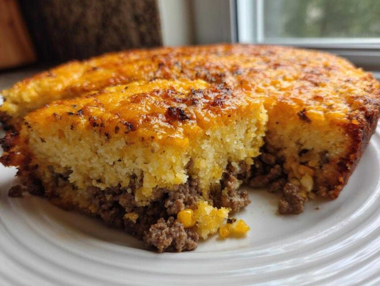 Awesome cowboy cornbread casserole in 10 mins A close-up of a slice of cowboy cornbread casserole showing the fluffy cornbread top and savory ground meat and corn filling.