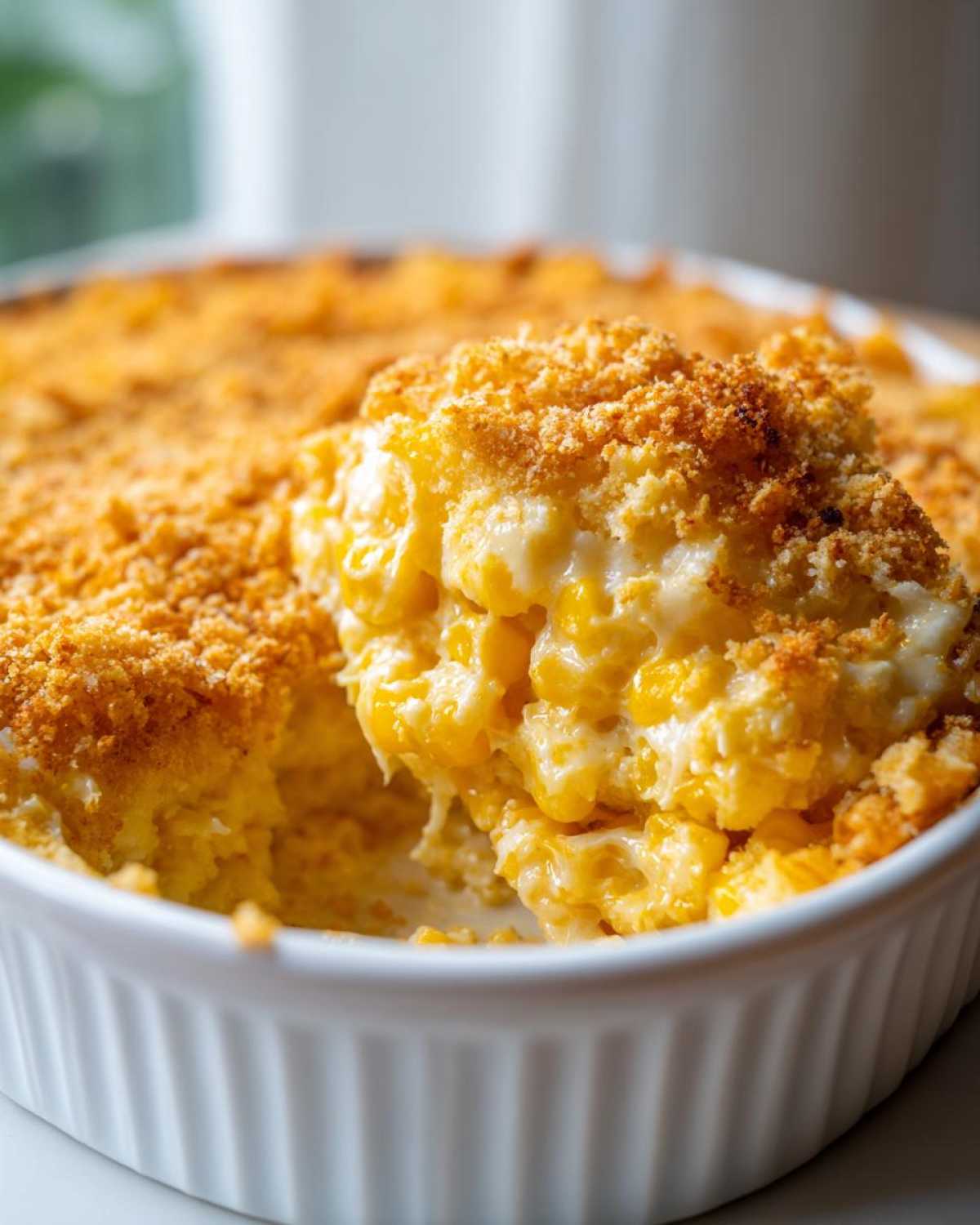 A close-up shot showing a scoop of creamy, cheesy cream cheese corn casserole topped with golden brown crumbs.