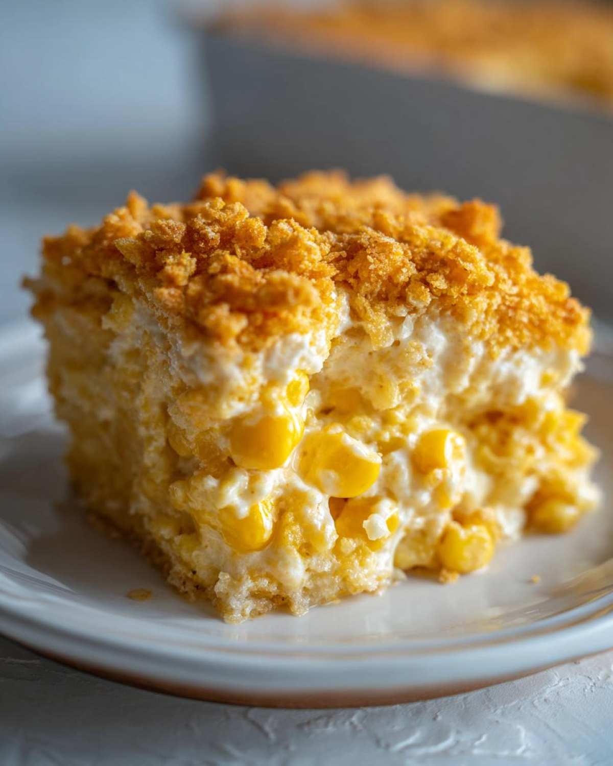 A square serving of creamy cream cheese corn casserole topped with golden, crunchy crumbs, served on a white plate.