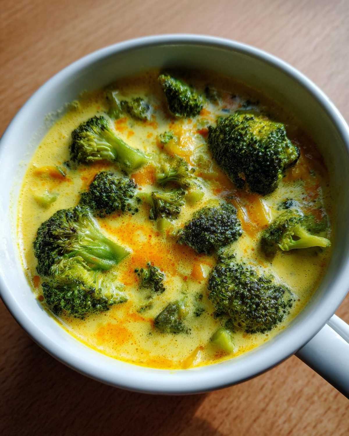 A close-up view of rich, yellow broccoli cheddar soup filled with vibrant green broccoli florets in a white mug or bowl.