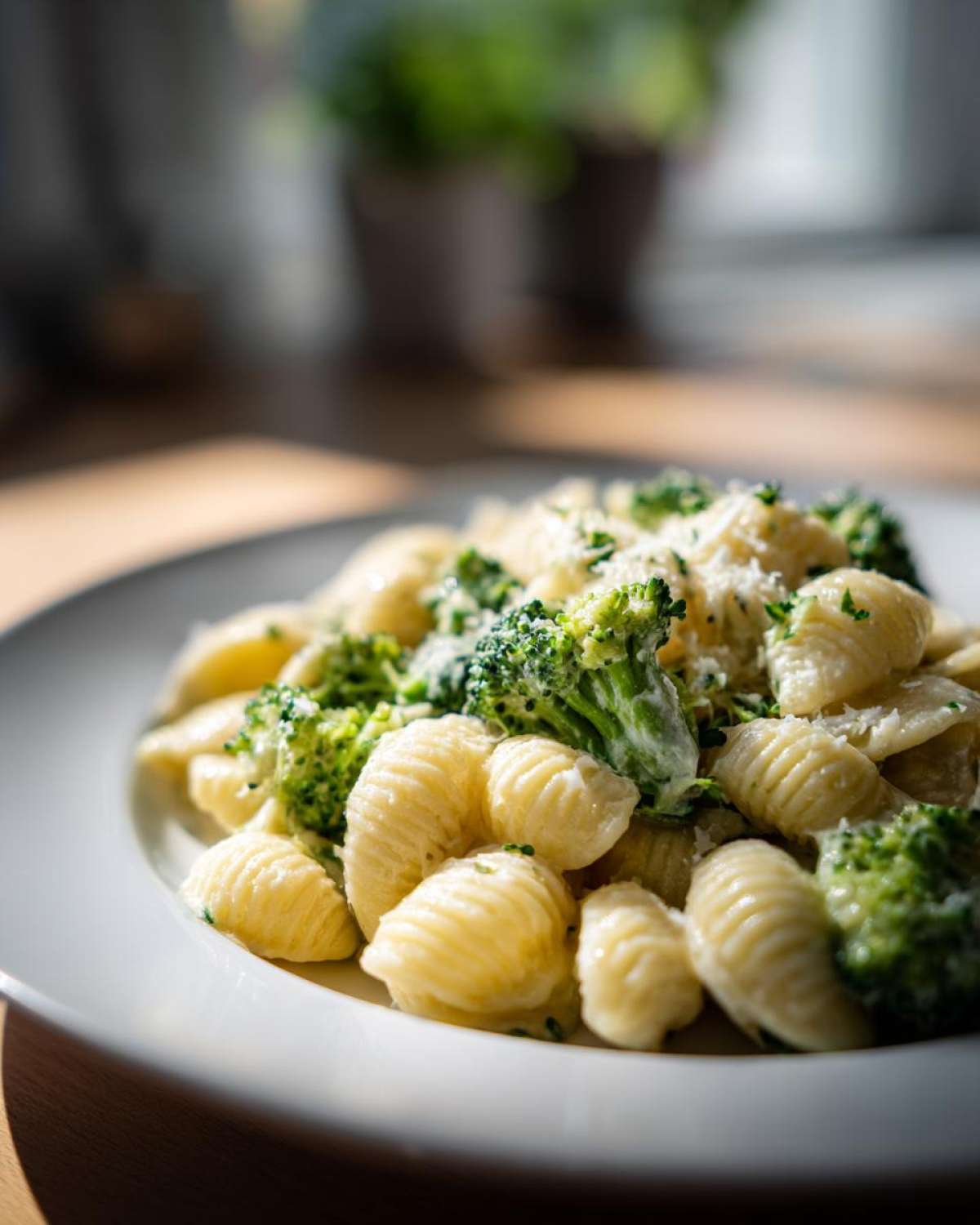 A close-up of creamy broccoli pasta made with shell-shaped pasta, topped with Parmesan cheese.