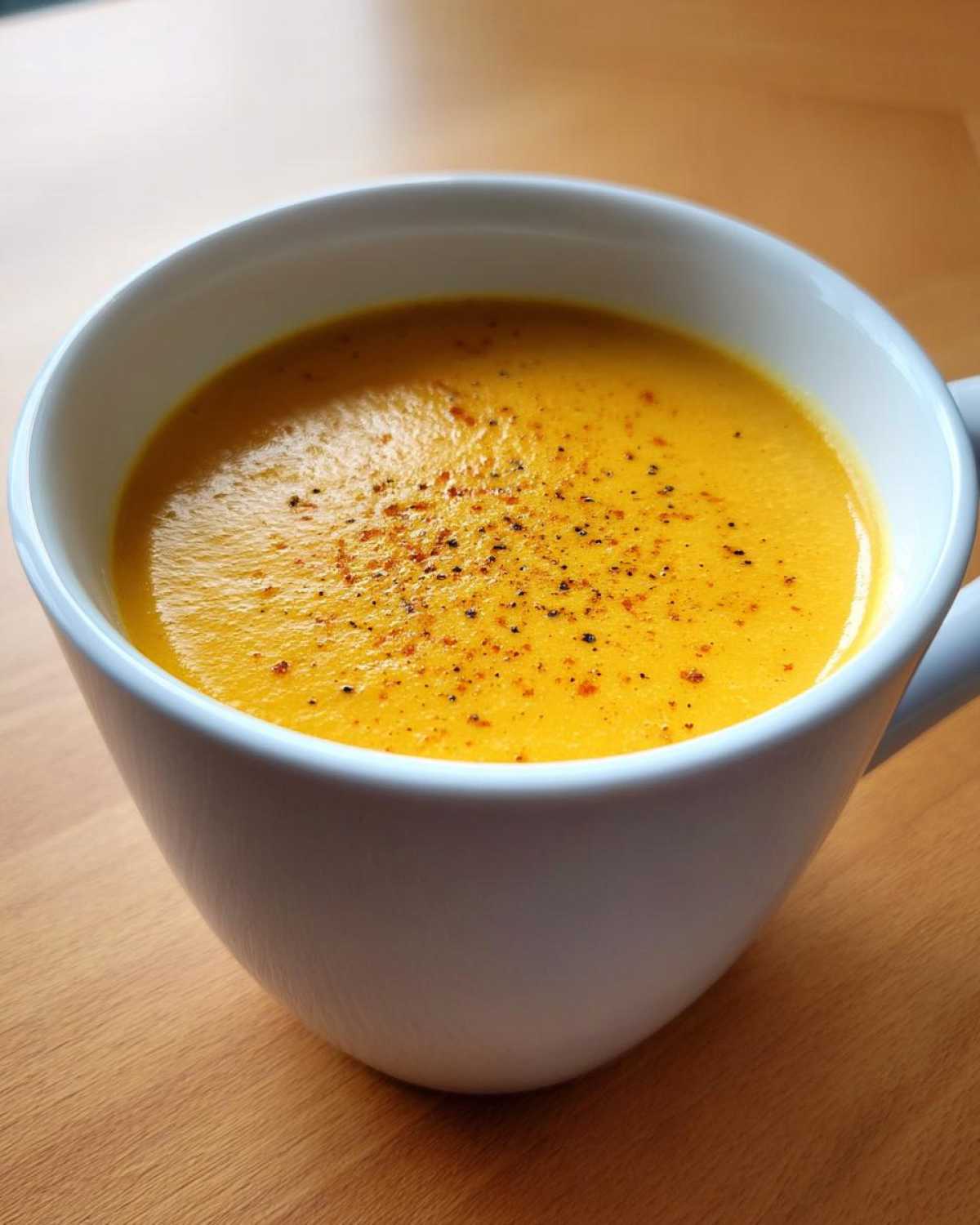 Close-up of creamy, orange-yellow cauliflower soup served in a white mug, topped with cracked black pepper.