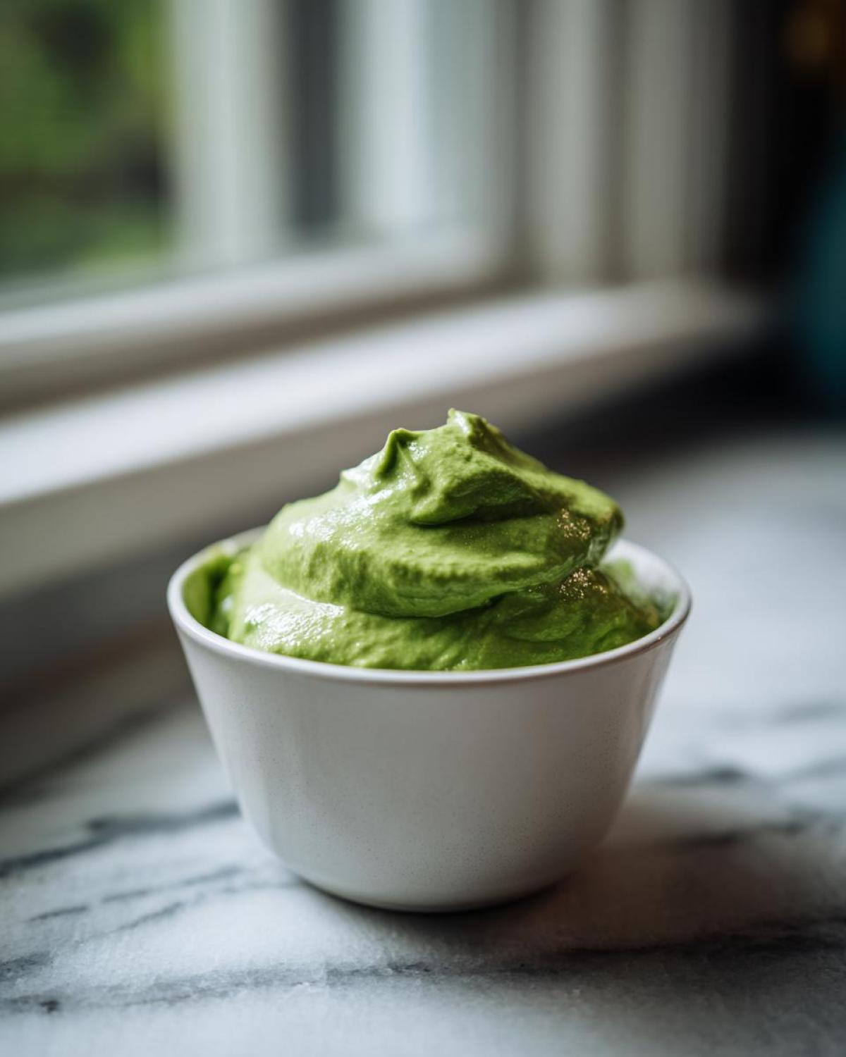 A small white bowl filled with thick, vibrant green cilantro lime sauce, set on a marble counter.