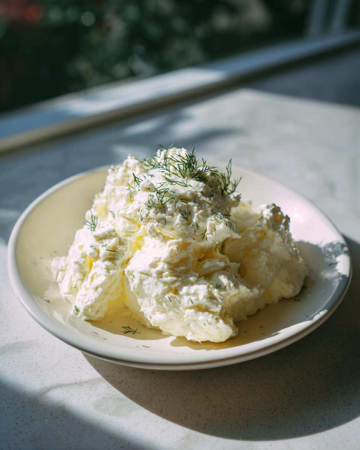 A mound of creamy cottage cheese chicken salad garnished with fresh dill on a white plate.