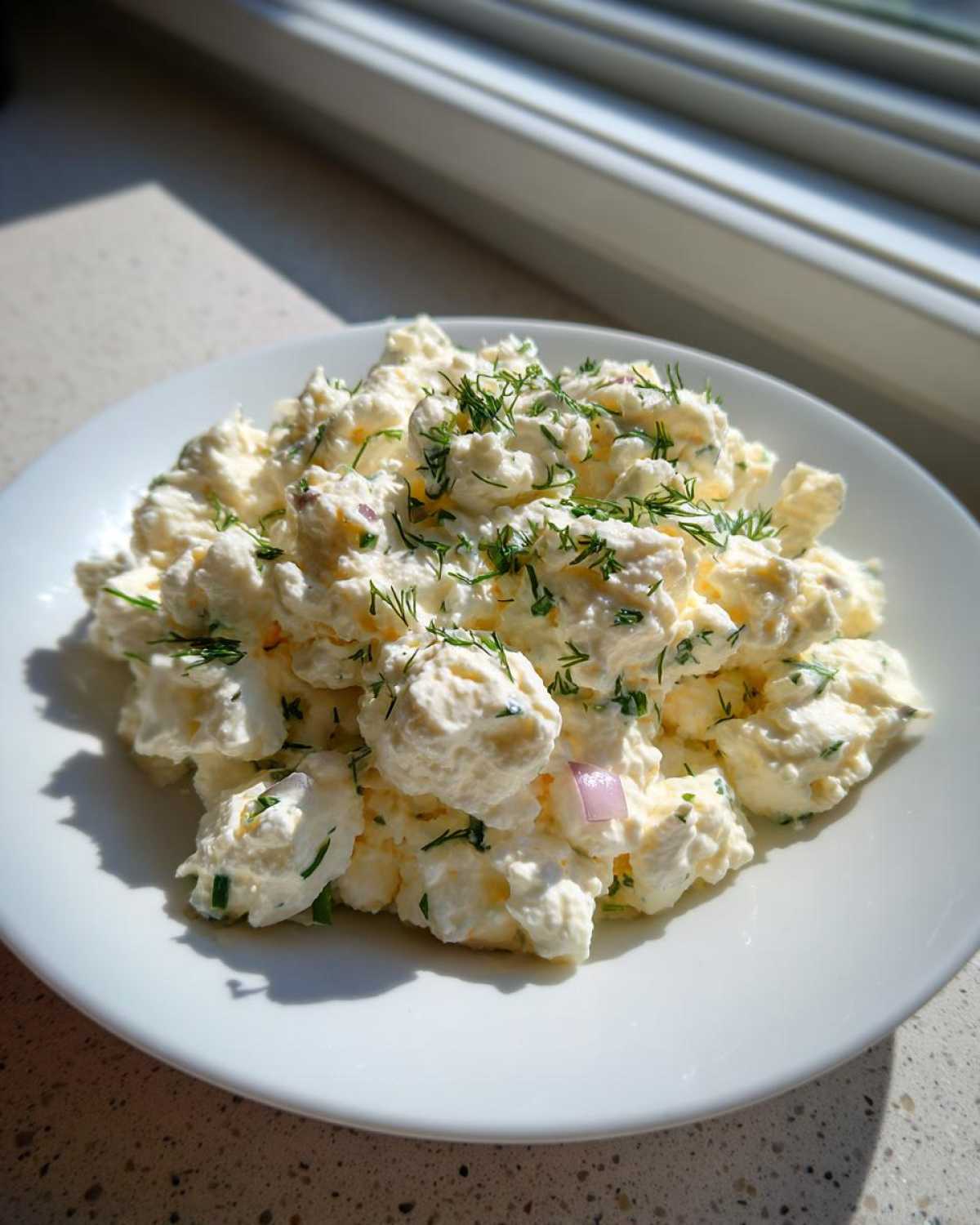A close-up of creamy cottage cheese chicken salad topped with fresh dill on a white plate.