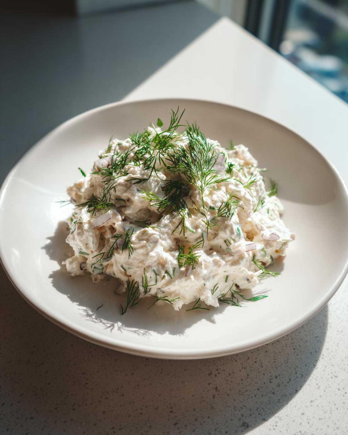 A serving of creamy cottage cheese chicken salad topped generously with fresh dill on a white plate.