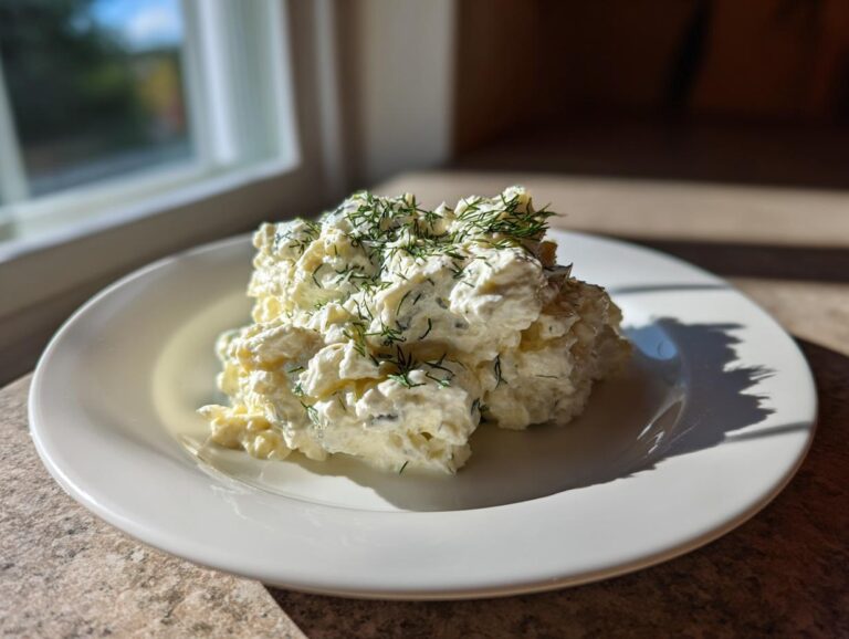 A mound of creamy cottage cheese chicken salad topped generously with fresh dill, served on a white plate.