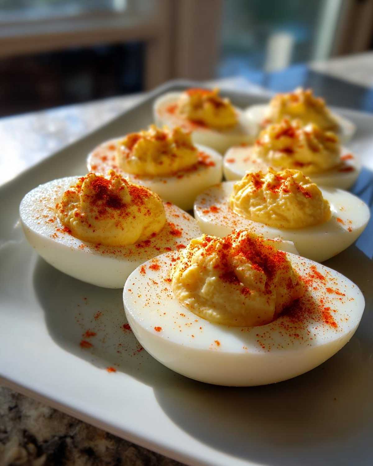 A plate of perfectly prepared deviled eggs, topped with creamy filling and sprinkled with paprika.