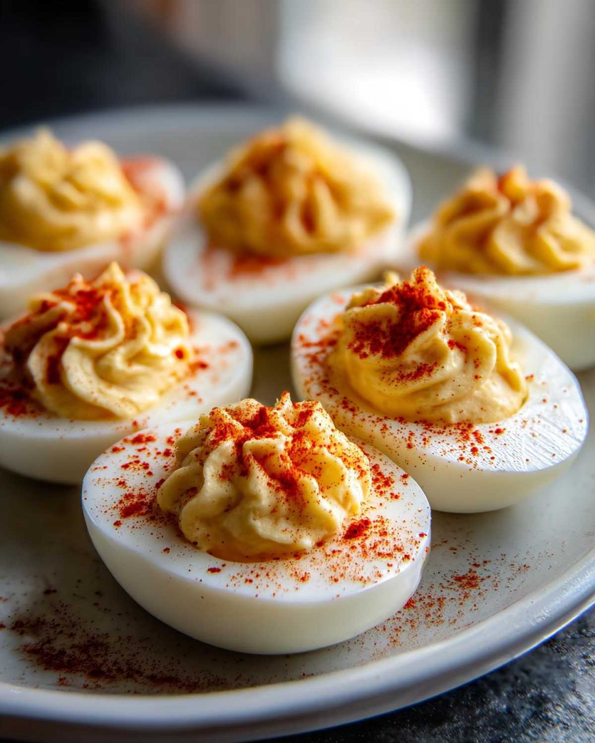 Close-up of creamy deviled eggs, piped high and dusted generously with bright red paprika.