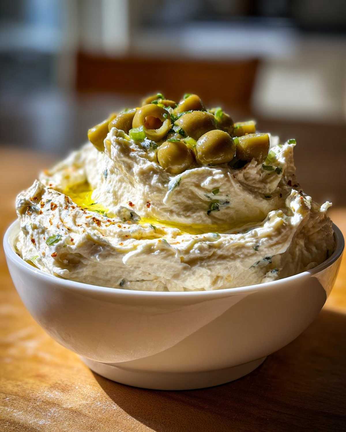 A close-up of a creamy, whipped dirty martini dip served in a white bowl, garnished with sliced green olives and olive oil.