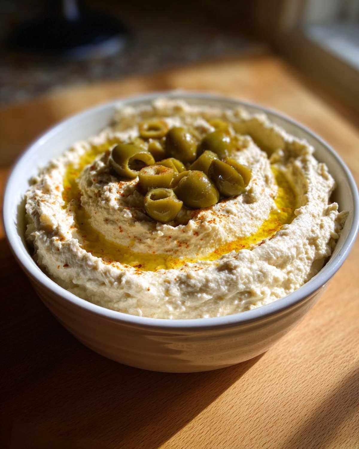 A bowl of creamy dirty martini dip garnished with sliced green olives, olive oil, and paprika.