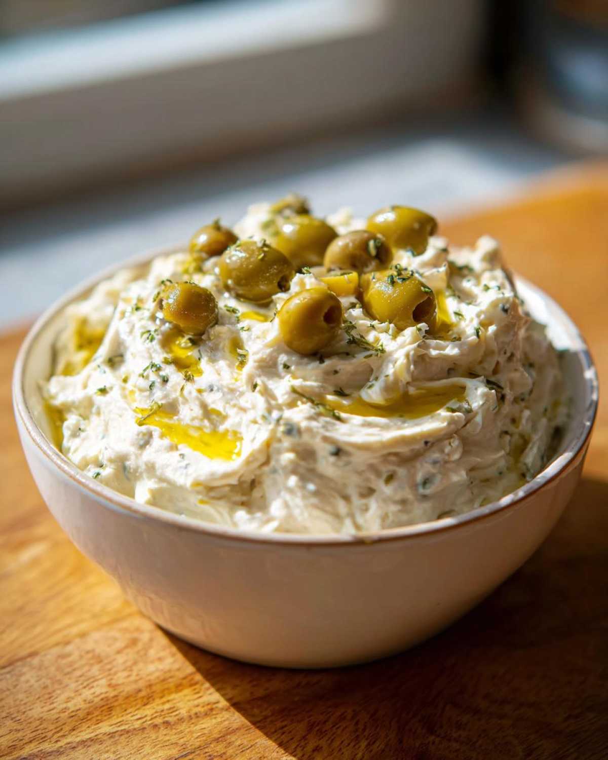 A creamy bowl of dirty martini dip garnished with green olives and olive oil.
