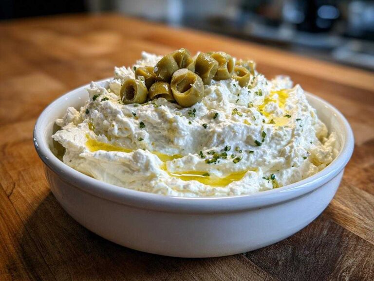 A bowl of creamy white dirty martini dip garnished with green olives and olive oil.