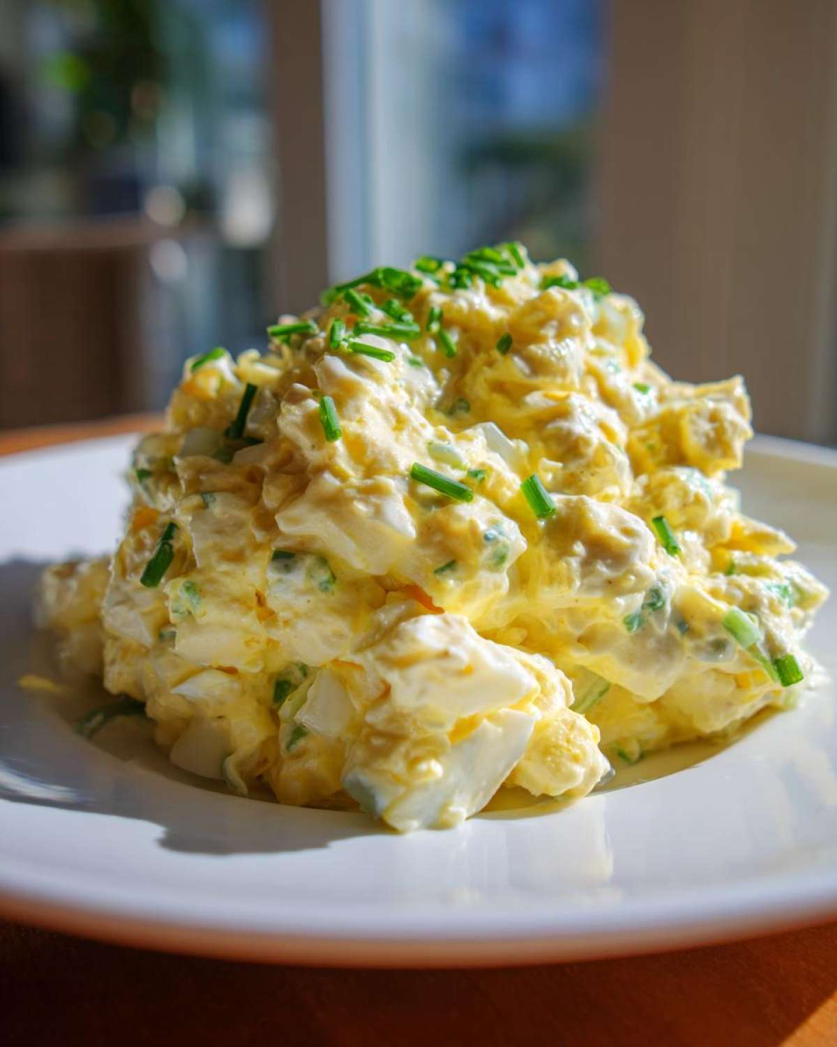 A mound of creamy, yellow egg salad recipe, studded with chopped egg whites and topped with bright green chives.