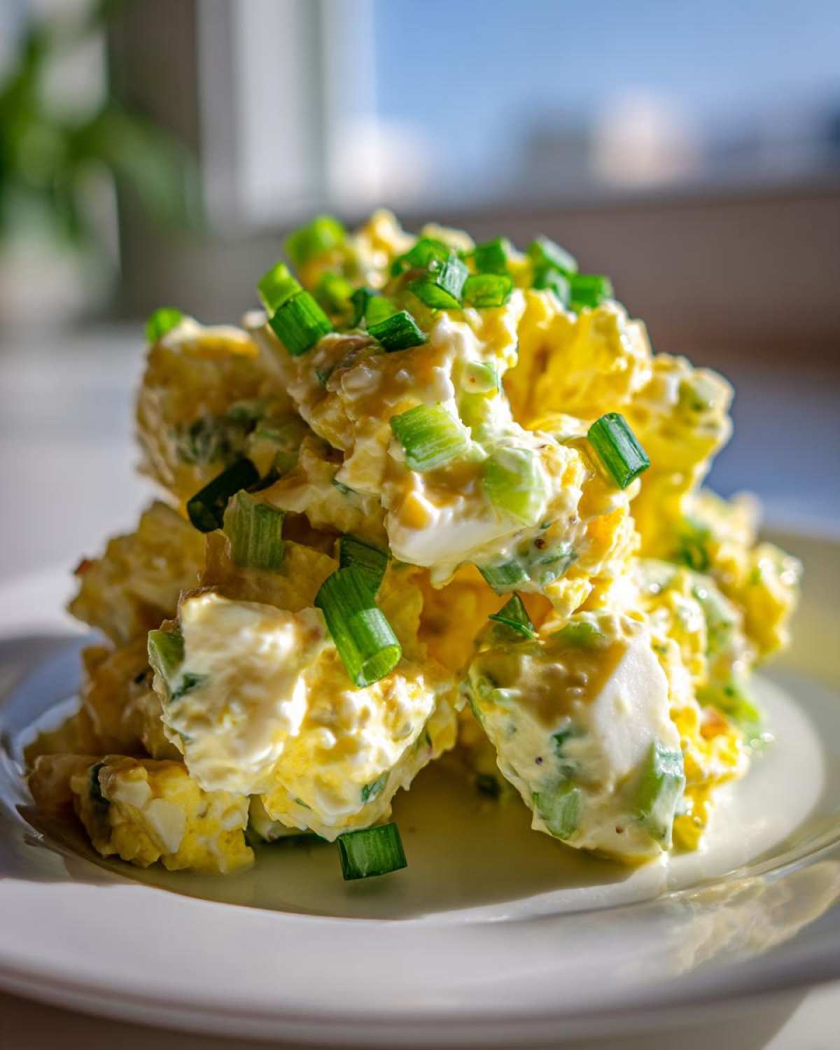 Close-up of a mound of creamy egg salad recipe topped with fresh chopped green onions on a white plate.