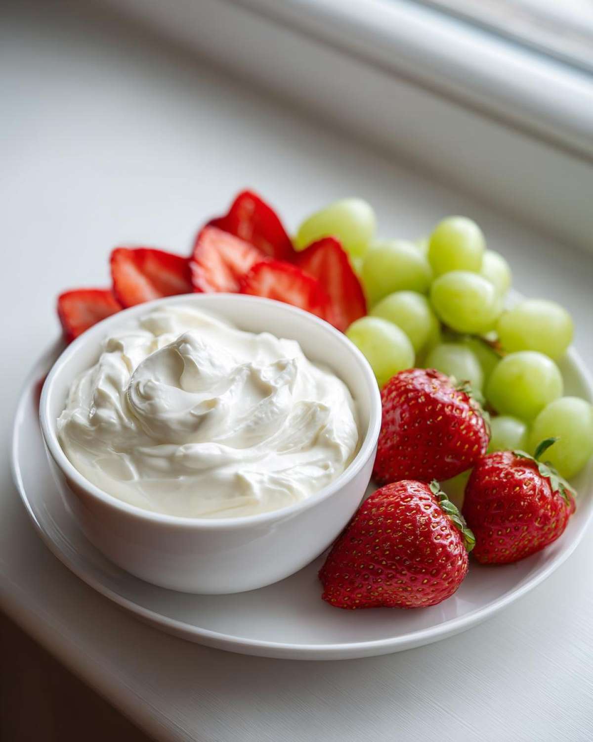 A bowl of creamy white fruit dip served alongside fresh strawberries and green grapes on a white plate.
