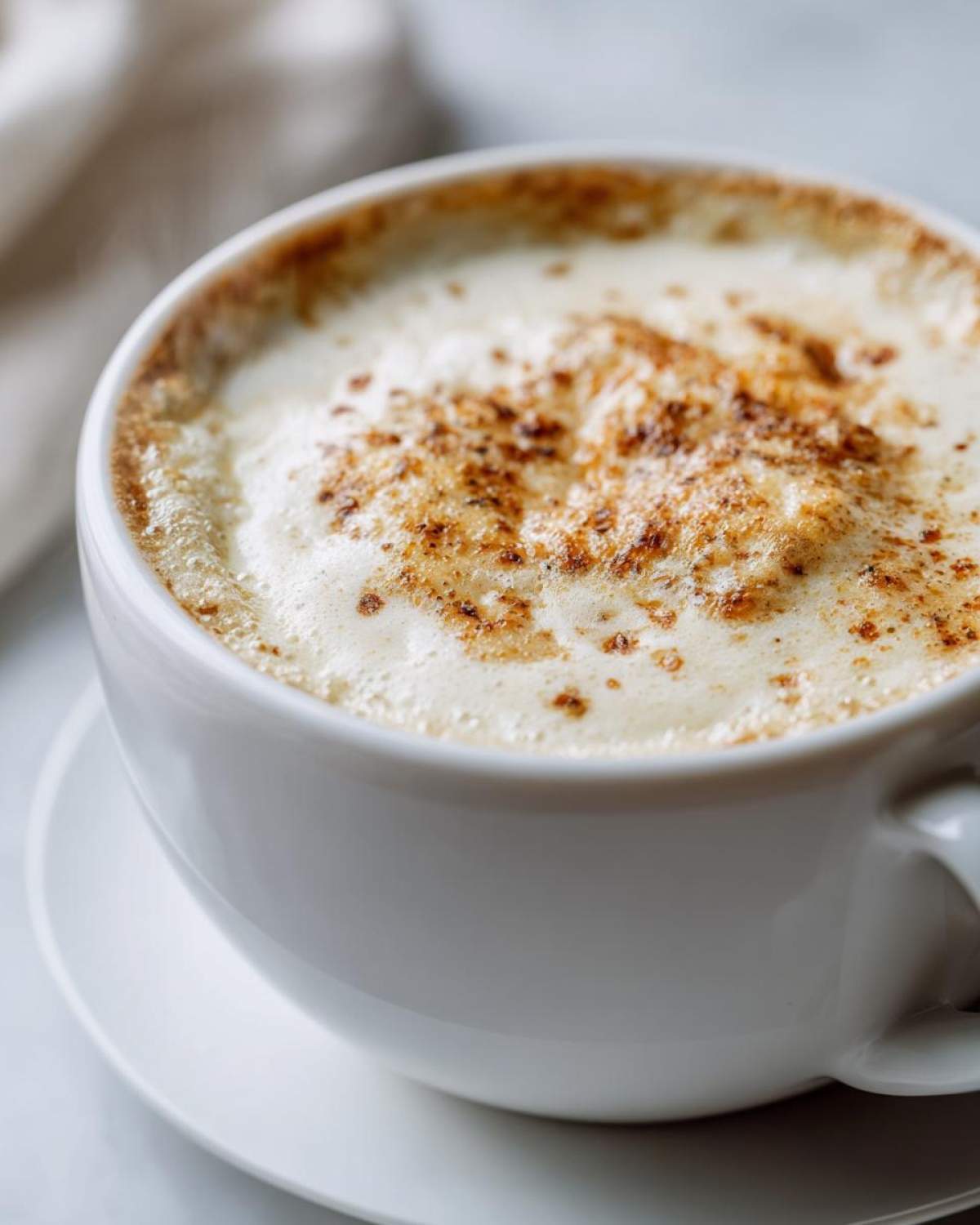Close-up of a white mug filled with creamy garlic soup topped with browned foam and spices.