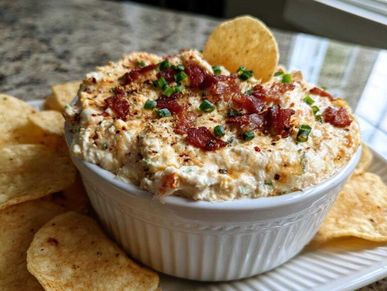 A close-up of creamy Million Dollar Dip served in a white ramekin, topped generously with crumbled bacon and chopped green onions.