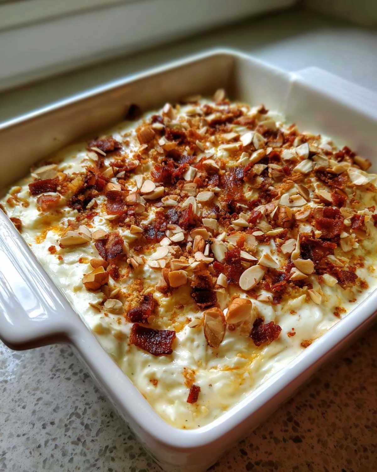 A square white baking dish filled with creamy Neiman Marcus Dip, topped generously with crumbled bacon and sliced almonds.