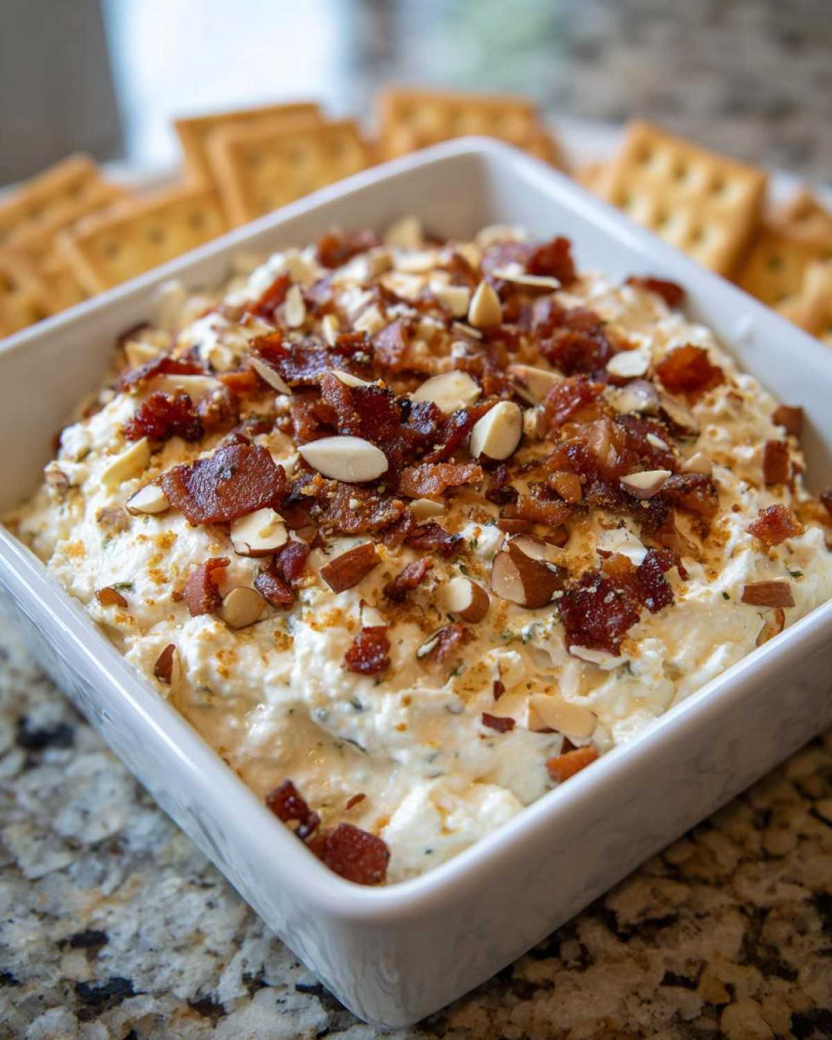 Close-up of creamy Neiman Marcus dip in a white dish, generously topped with crumbled bacon and slivered almonds.