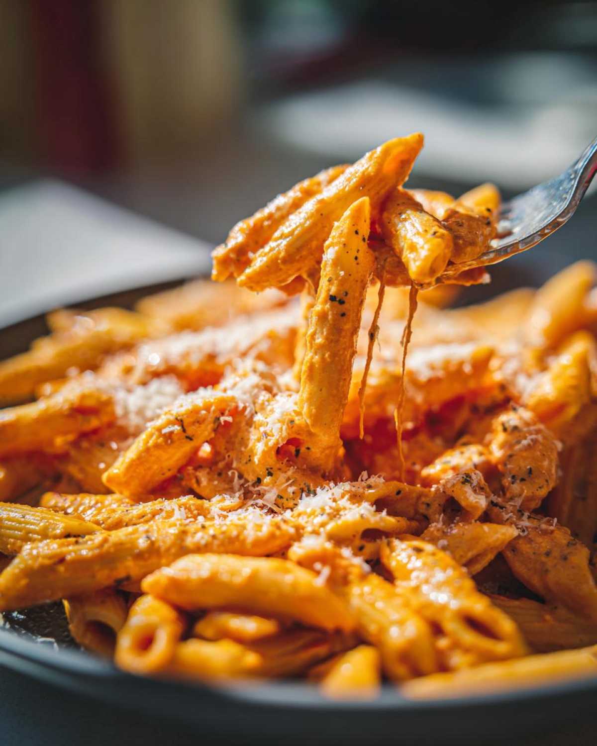 Close-up of penne pasta coated in creamy pink sauce being lifted by a fork, sprinkled with Parmesan cheese.