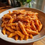 A close-up of penne pasta coated in creamy pink sauce pasta, topped with grated Parmesan cheese.