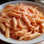 Close-up of penne pasta coated in a rich, creamy pink sauce pasta, topped with grated cheese.