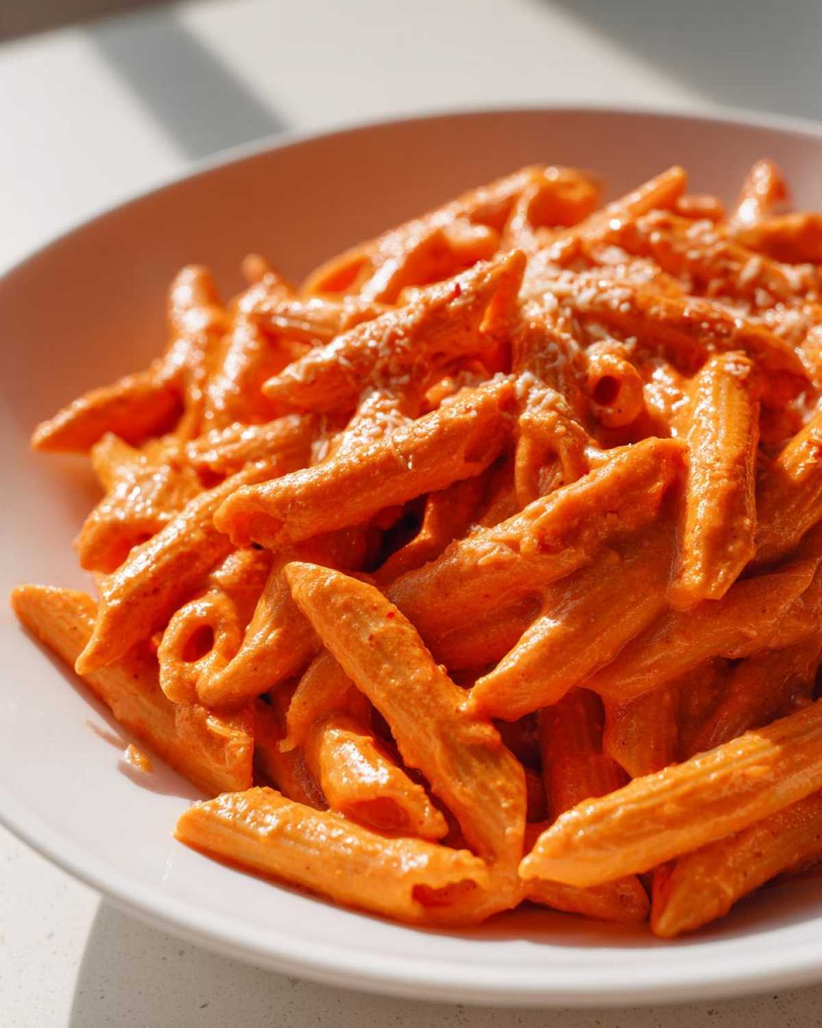 Close-up of penne pasta coated in a rich, creamy pink sauce pasta, sprinkled with cheese.