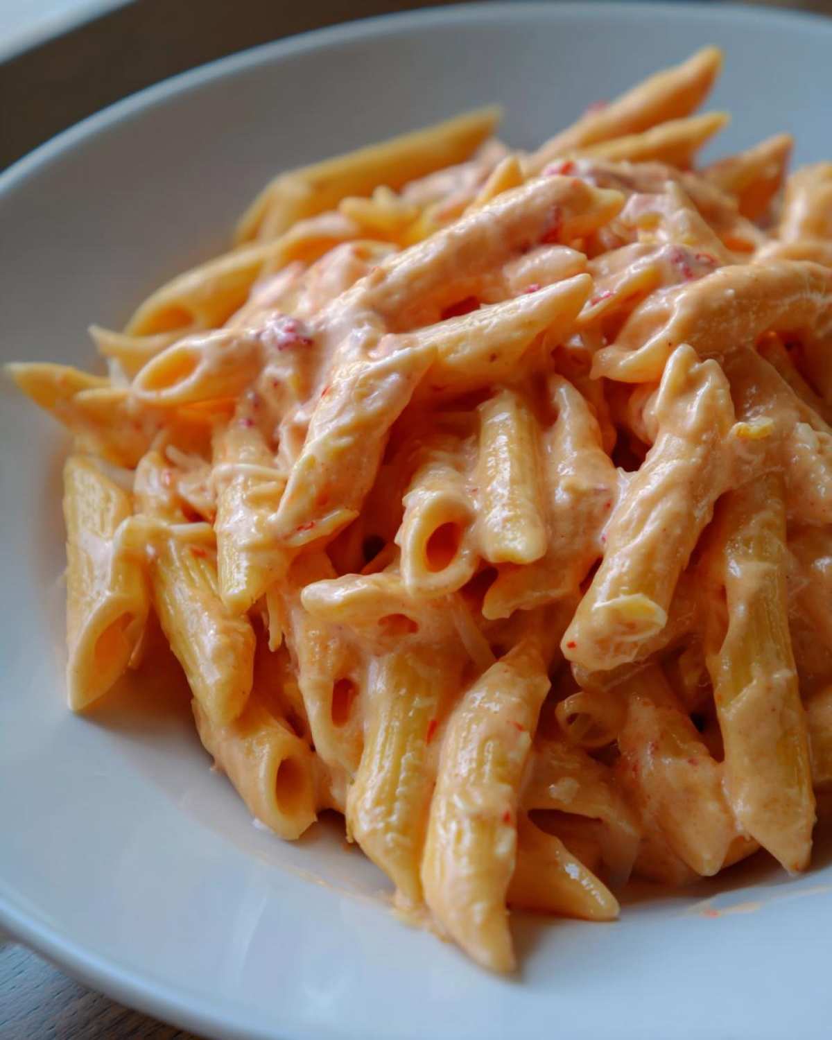 Close-up of penne pasta generously coated in creamy, orange-hued pink sauce pasta.