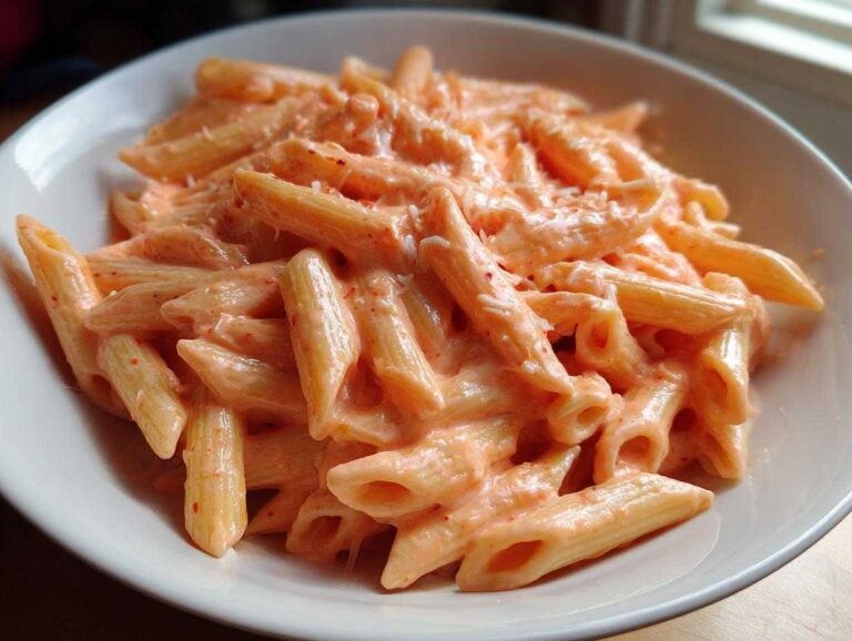 Close-up of penne pasta coated in a rich, creamy pink sauce pasta, topped with grated cheese.