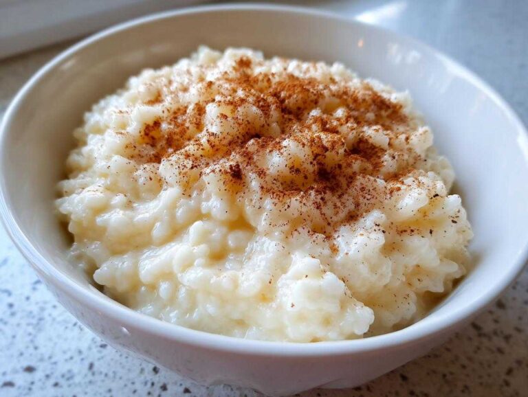 Close-up of creamy rice pudding in a white bowl, generously sprinkled with ground cinnamon.