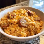 Close-up of a creamy, cheesy sausage and rice dish served in a white bowl.